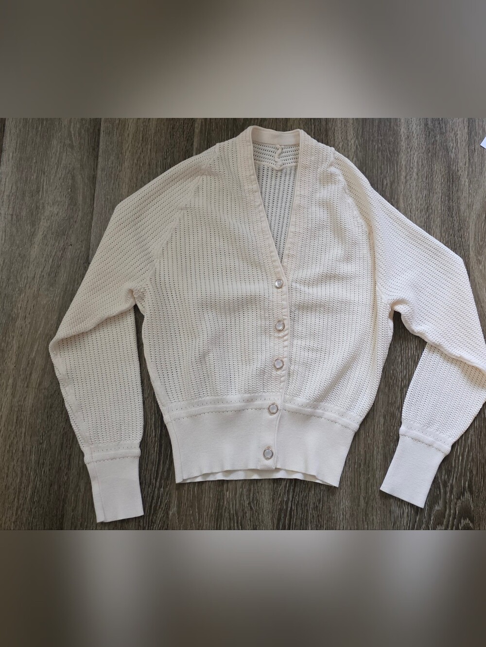 Cream Open-Knit Button Front Women's Cardigan Sweater Size M
